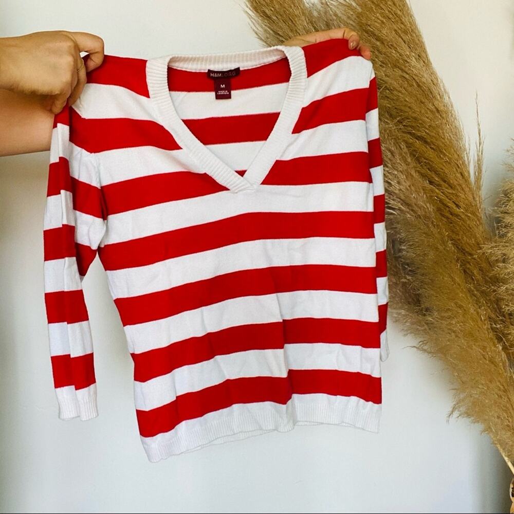 VINTAGE H&M LOGG Red White VNeck Striped 3/4 Sleeve Cropped Pullover Sweater M - Picture 4 of 9